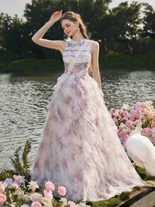 Faeriesty Luxe Elegant Sleeveless Tulle Evening Gown With Lace Trim & Multi-Layer Ruffled Hem - Pastel Floral Print Dress For Wedding, Bridal Shower, Evening Gala