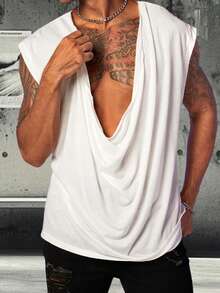 Men Leisure Workout Tank Top Sleeveless Draped Neck Bodybuilding Gym Athletic Vest Summer Tops - White - View 4