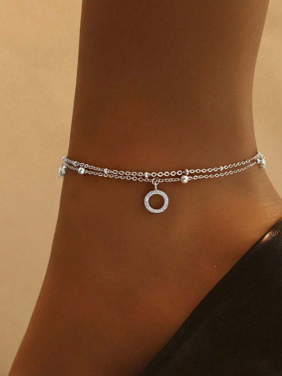 Stylever 1pc 925 Sterling Silver Double Layer Design Circular Cubic Zirconia Anklet, Fashionable Multi-Layer Delicate Foot Chain Gift For Women - Silver - View 1