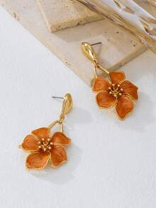 1 paire de boucles d'oreilles pendantes fleurs à 5 pétales en forme de goutte d'huile orange, élégantes et chics pour l'été. Convient pour le port quotidien, les rendez-vous, les voyages et les vacances, facilement assorties.