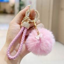 TTOBS 1pc Elegant Braided Leather Keychain With Fluffy Pompom Charm - Durable, Stylish & Versatile Women Key Holder - Multiple Colors, Perfect Car Owner Accessory, Fashionable Gift Idea