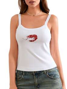 Summer Crop Tank Tops For Women Y2k Spaghetti Strap Cami Tops Graphic Tees Beach Vacation Tops Sleeveless Scoop Neck Camisole Slim Fit Tees Cute Going Out Tops For Teen Girls For Street Shopping Club Aesthetic Clothes - 紅色 - 查看 4