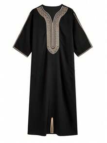 1 قطعة من الجندورة السوداء المطرزة على الطراز التقليدي المغربي للرجال، ملابس تقليدية للشرق الأوسط - الأسود - مشاهدة 2