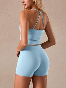 NcmRyu 1 Bộ đồ thể thao tập yoga, tennis, bóng chày, golf, áo ba lỗ và quần short cho nữ - Màu xanh lam - Xem 10