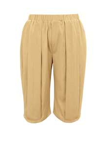 大码女式纯色休闲阔腿七分裤，带口袋，卡其色，适合日常穿着，秋冬季百搭