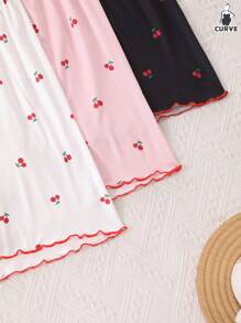 3pcs/Set Plus Size Women Cherry Print Knit Sleepwear Shorts Pajama Set