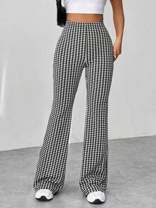 Pantalones Largos de Cintura Alta para Mujer con Estampado de Cuadros y Corte de Campana, Perfecto para vacaciones y días festivos - Blanco y Negro - Ver 3