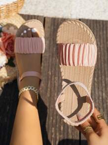 Sandalias planas para mujer, pantuflas casuales de verano, zapatos cómodos de playa con puntera abierta y slip-on, zapatos de ocio con correa de tobillo elástica de unicolor para interior/playa/vacaciones
