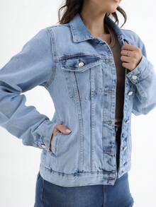 Women's Casual Denim Jacket - 淺色水洗藍 - 查看 3