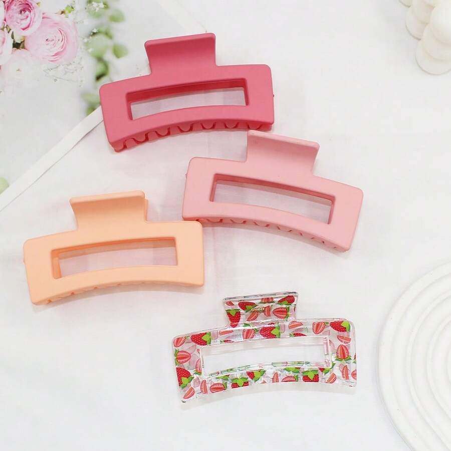 4 件夏季粉色纯色和草莓渐变印花组合方形发夹，中号，可爱甜美，适合茶会和休闲装时尚发饰美容爪夹 - 粉色 - 查看 1