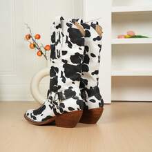 ARiderGirl Evon Women's Western Cowboy Mid Calf Booties Pointed Toe Pull On Metal Buckle Mid Heel Cow Print Boots - Cow White Black - 查看 5