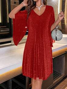 女式时尚派对闪光V领开袖连衣裙