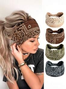 4条装复古佩斯利花纹发带，女士彩色头巾，运动吸汗带，瑜伽发饰，波西米亚风女士围巾，女士发带 - 彩色 - 查看 2