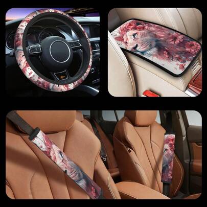 4pcs Car Interior Accessories Set, Polyester Fabric, Floral Printed, Includes Steering Wheel Cover, Shoulder Pads, Armrest Pad, For All Season Use