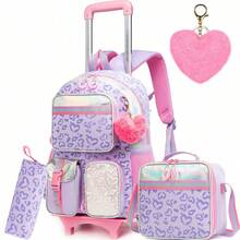 Conjunto de 3 Mochilas com Rodinhas para Meninas, Multibolsos com Estampa de Estrelas e Corações, Ideal para Meninas, Ótima Opção de Presente para Meninas - Coração com vários bolsos e estrela de cinco pontas - Ver 19