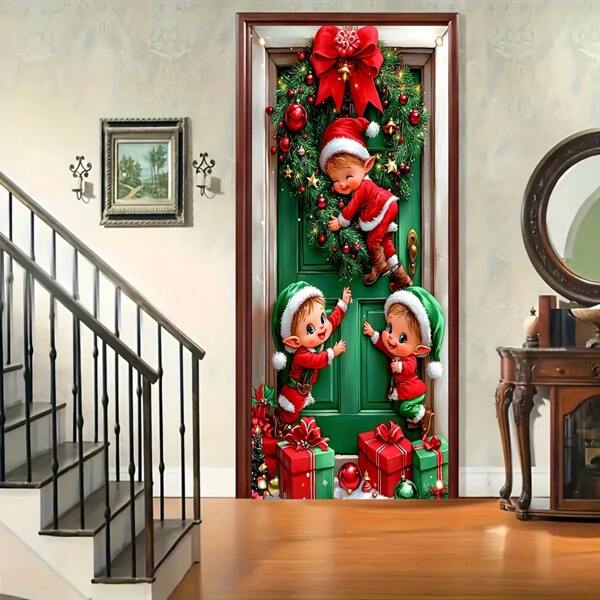 1pc 2D Door Banner, Santa Design Polyester Christmas Door Hanging Banner, Multi-Purpose Holiday Decor, Suitable For General Use And Christmas Party Decoration