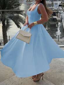 Floreya Solid Color Casual Elegant Woven Fabric Zip Up Dress, Suitable For Dates, Parties, Weddings In Spring/Summer - Baby Blue - View 6