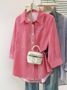 Women's Striped Lapel 3/4 Sleeve Shirt With Button Front & Mock Pocket - Casual Festival Date Night Top For Spring Fall