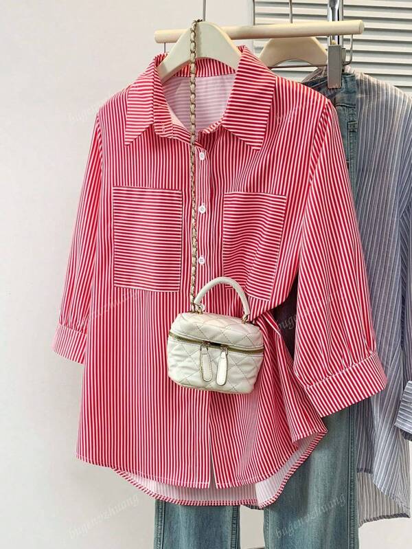 Camisa feminina listrada com lapela e manga 3/4, botões frontais e bolso falso - blusa casual para festival e noite, primavera/outono