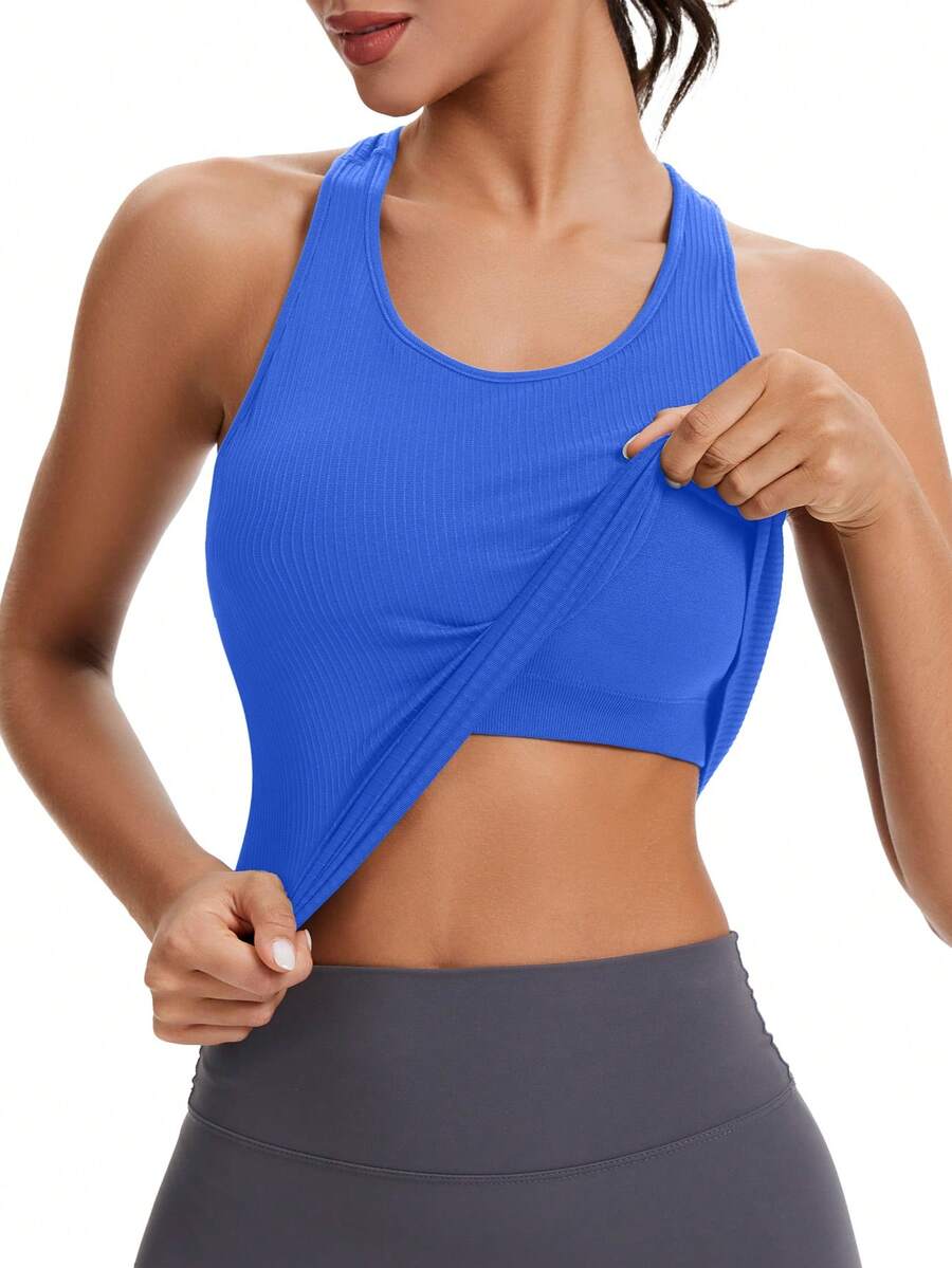 Seamless Workout Tops For Women With Built In Bra Athletic Tank Tops Yoga Runnning Workout Shirts Slim Fit - Klein Blue - View 1