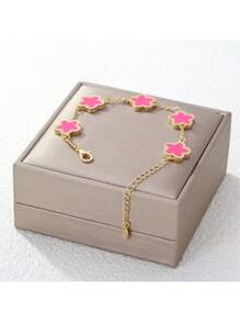 1pc Colorful Shell Inlaid Clover Charm Flower Chain Bracelet, Fashionable & Elegant For Women & Girls