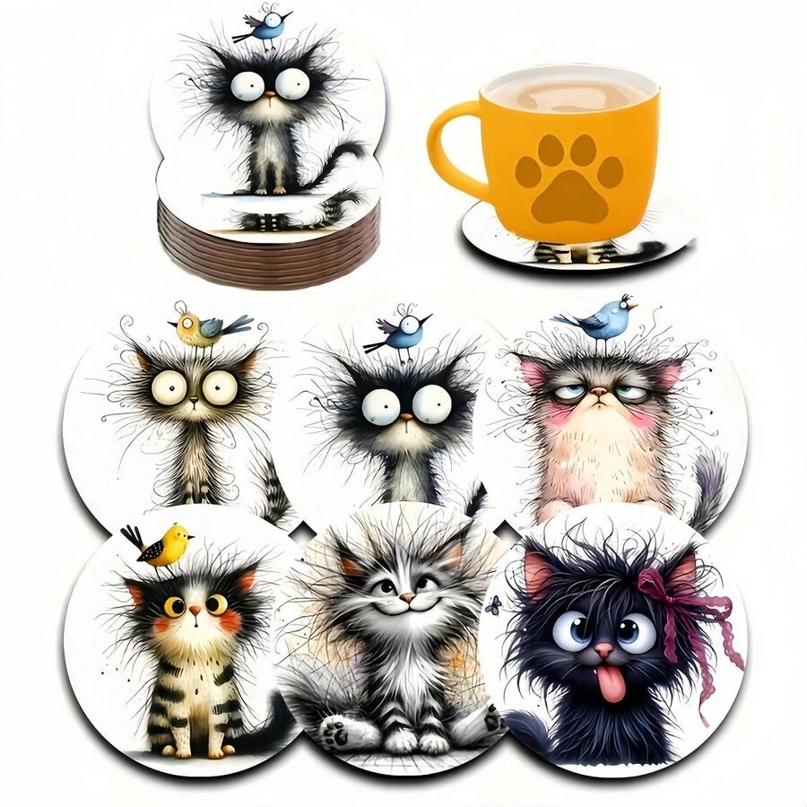6pcs/Set Couple Cat Design Wooden Cup Coasters - Heat Resistant Coasters For Home, Afternoon Tea, Coffee - Ideal Valentine's Day Gift - Multicolor - View 1