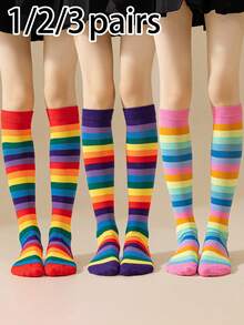 1/2/3 Pairs Girls Rainbow Striped Over-The-Knee Socks, Fashion All Season - Multicolor - View 1