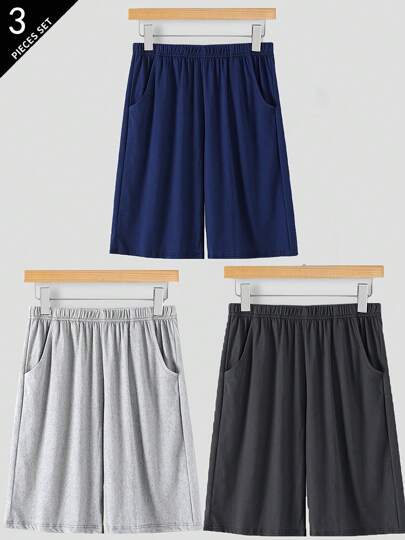 3 Pairs Men's Summer New Solid Color Black/Gray/Blue Thin Casual Comfortable Shorts