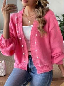 Women's Knitted Cardigan, Pink Knit Sweater Cardigan With Pearl Button Decor, Fashionable For Everyday Wear In Autumn/Winter