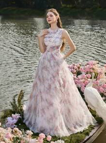 Faeriesty Luxe Elegant Sleeveless Tulle Evening Gown With Lace Trim & Multi-Layer Ruffled Hem - Pastel Floral Print Dress For Wedding, Bridal Shower, Evening Gala