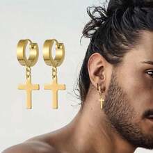 2pcs Stainless Steel Men's Cross Star Punk Earrings, Gothic Women's Cross Hoop Earrings, Curiosity Pendant Piercing Jewelry, Jewelry Enthusiasts' First Choice, Birthday, Holiday, Christmas, New Year, Gift