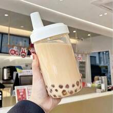 Botella de agua de plástico con pajita paraé de la leche y perlas, 500/850ml, con cubierta para taza, tazas de café con burbujas, vasos de gran capacidad a prueba de caídas EGVX - 850 ml blanco - Ver 11