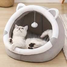Cama-cueva ultraconfortable con diseño de gato de dibujos animados - Refugio aislado para gatitos que brinda calidez y confort - Adorable casa interior para mascotas
