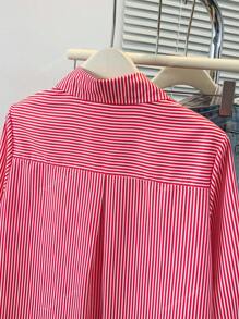Women's Striped Lapel 3/4 Sleeve Shirt With Button Front & Mock Pocket - Casual Festival Date Night Top For Spring Fall