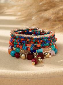 8pcs Bohemian Style Multi-Layer Beaded Bracelet Set, Colorful Beaded Stacking Bracelets For Daily Or Vacation Wear, Spring/Summer