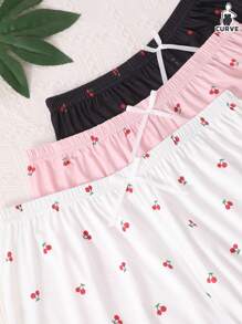 3pcs/Set Plus Size Women Cherry Print Knit Sleepwear Shorts Pajama Set