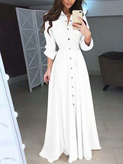 Women' S Casual Shirt Dress Long Sleeve Solid Color Draped Maxi Dresses Ladies' Slim Fit Flare Dress