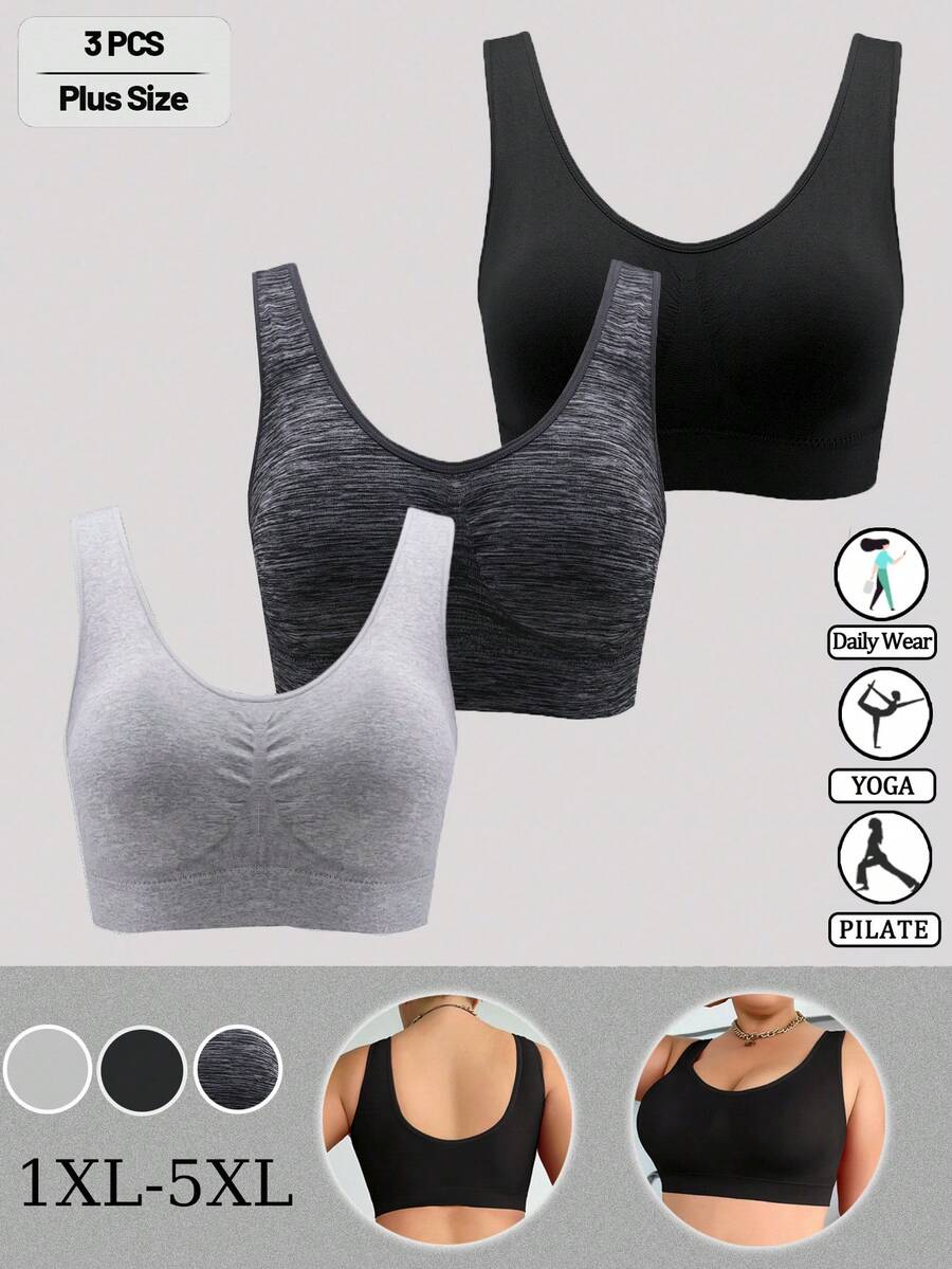3PCS Women Plus Size Solid Comfortable U-Neck Seamless Bras Wireless Backless Yoga Sport Bra - Multicolor - View 1