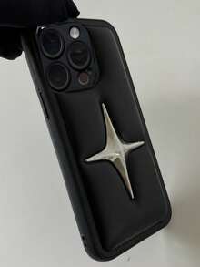 1pc Y2K Silver Electroplated Cross Star 3D Leather Phone Case Compatible With IPhone16 15 14 13 12 11 Pro Max Soft Leather Back Cover - Black - View 4