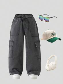 1pc Young Boy Street Casual Denim Jeans, Loose Wide Leg Cargo Design, Summer 2025 New Arrival - Dark Grey - View 1