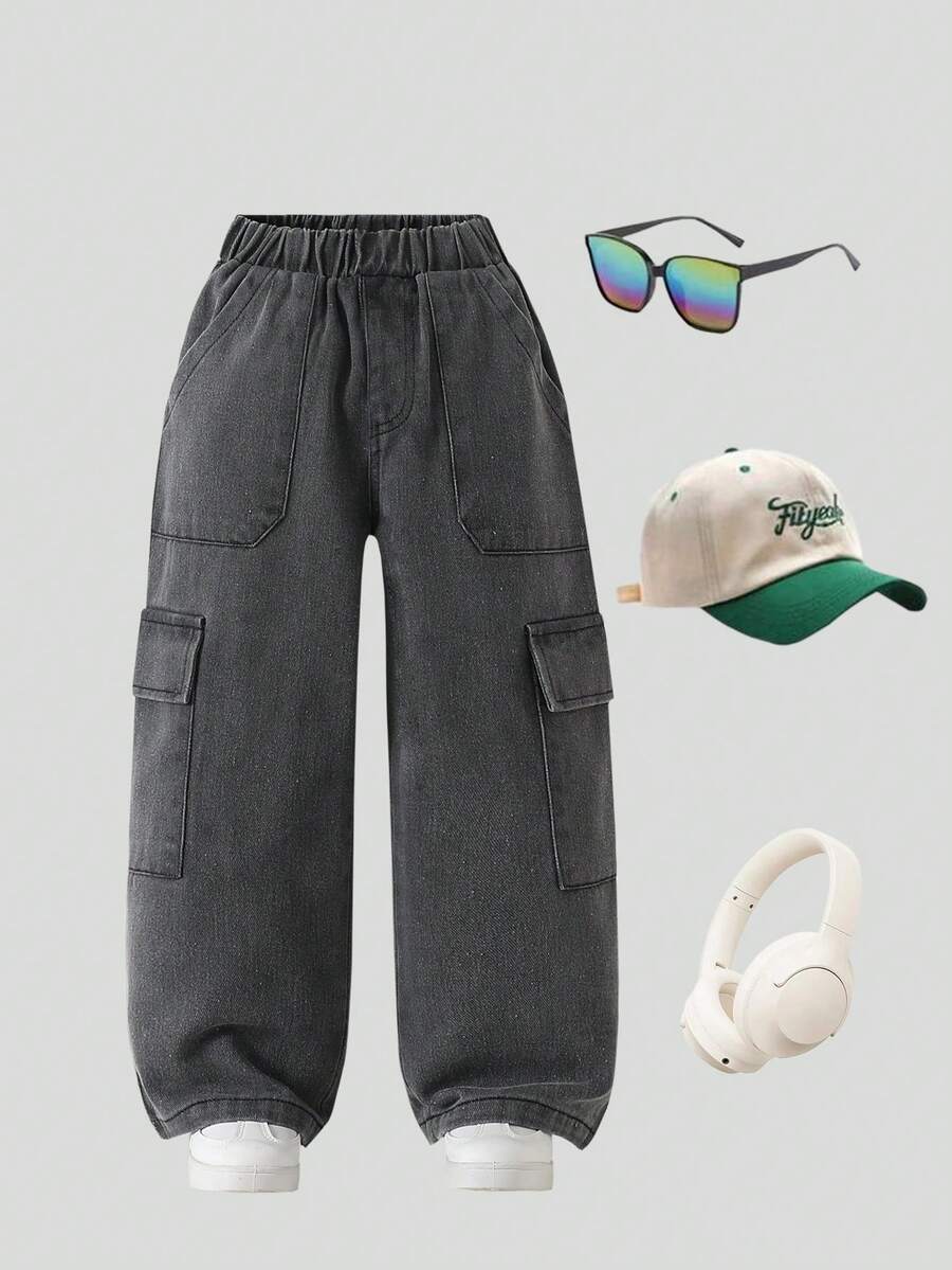 1pc Young Boy Street Casual Denim Jeans, Loose Wide Leg Cargo Design, Summer 2025 New Arrival - Dark Grey - View 1