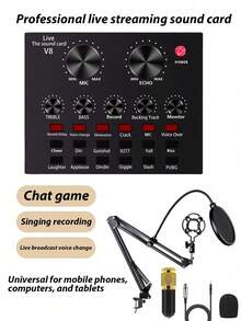 Kit d'équipement pour podcast, microphone podcast BM800 et carte son V8, V8S, capacité de batterie de 500 mAh, table de mixage externe sur site, convertisseur vocal avec de multiples effets sonores - interface audio - parfait pour l'enregistrement, le chant, le streaming et le jeu - Noir - Voir 3