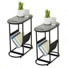 2Pcs Glass Oval Small Side Table, Suitable For Small Living Room Space, With Magazine Storage Function