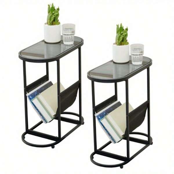 2Pcs Glass Oval Small Side Table, Suitable For Small Living Room Space, With Magazine Storage Function