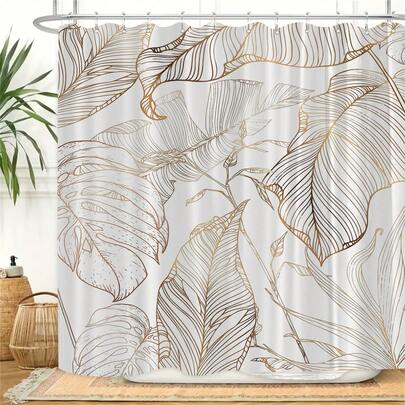 1pc Platinum Tropical Leaves Shower Curtain, Banana Leaf Palm Tree Abstract Design, Botanical Nature Print, Bathroom Home Decor Room Decor Bathroom Accessories Back To School Bathroom Decor