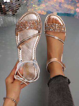 New Style Plus Size Women Comfortable Minimalist Round Toe Rhinestone Leather Flat Slides Sandals, Casual Fashion Outdoor Beach Shoes For Summer