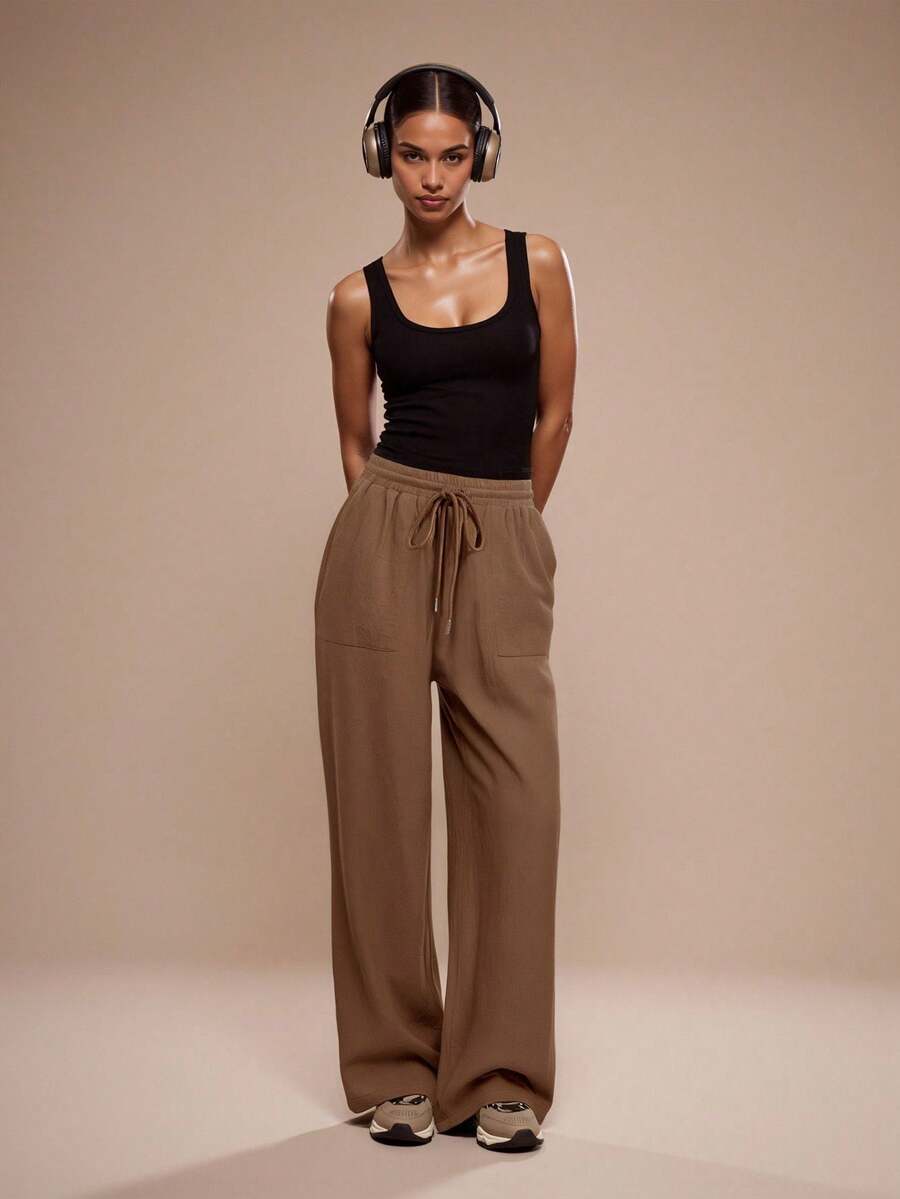 Silquee Solid Drawstring Waist Wide Leg Pants - Brown - View 1