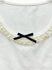 Elegant Round Neck Sleeveless Contrast Color Pearl Bowknot Detail Women Camisole