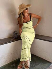 Women's Elegant Gentle Simple Black And White Contrast Striped Suspenders Slim Long Knitted Dress Sleeveless Casual Beach Hollow Out Bodycon Midi Crochet Swimwear Coverups Sundresses, Spring Summer Fall