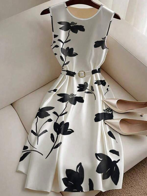 Fashionable And Elegant Round Neck Sleeveless Apricot Bottom Black Flower Women's Summer Mid-Length Dress